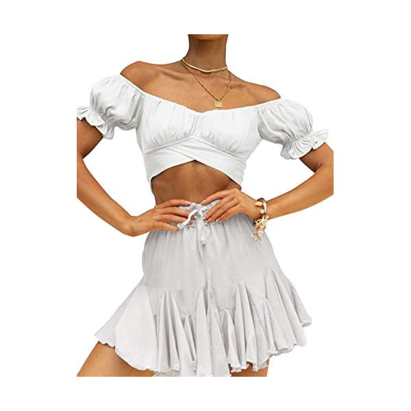 LYANER Women's Ruffle Short Sleeve Tie Up Back Crop Top Off Shoulder Bardot Blouse White Small