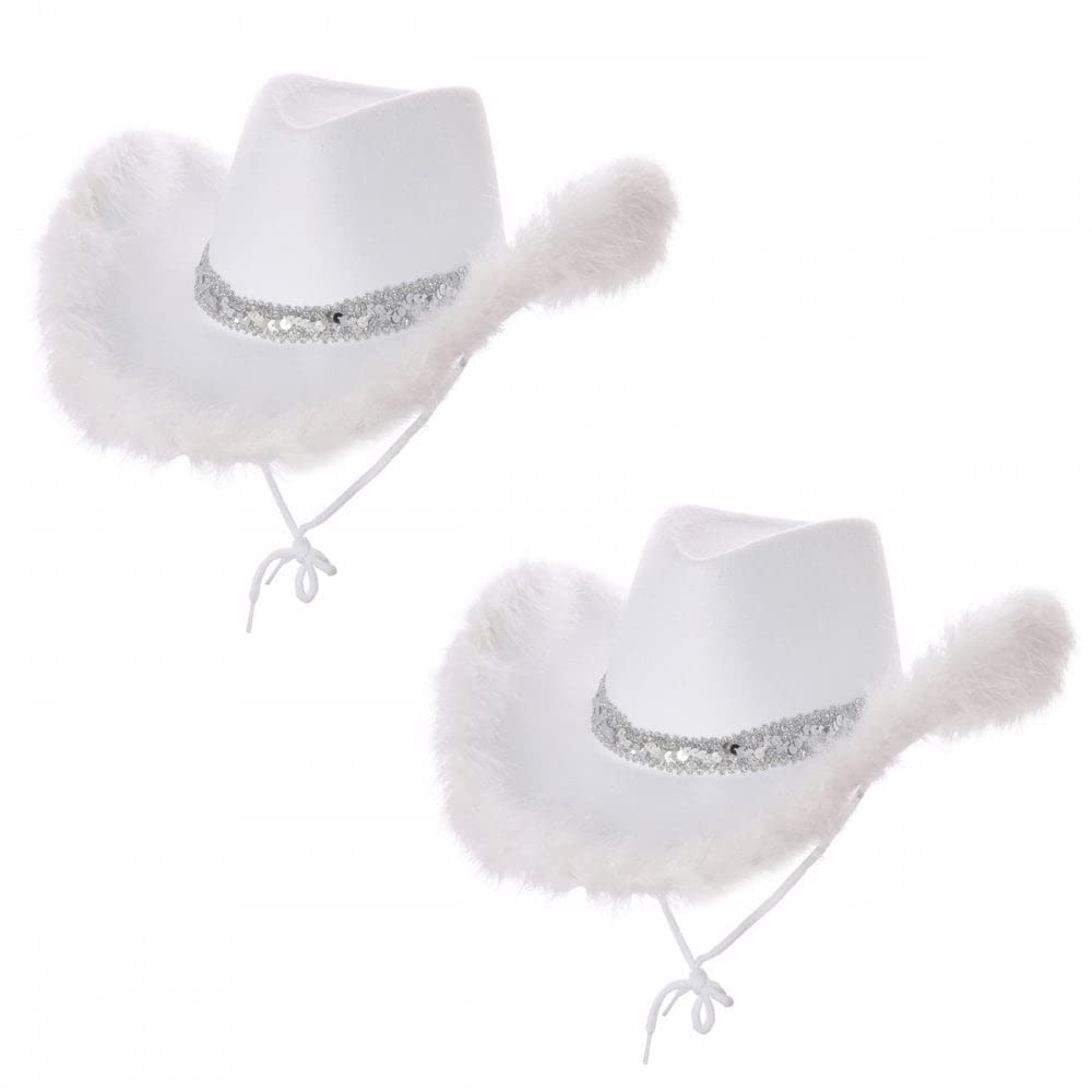 Paquete de 2 sombreros de vaquera texana, color blanco con lentejuelas y plumas de marabú, accesorio de disfraz para adultos Wild West Rodeo