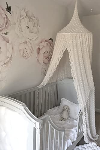 Wonder Space Elegant Kids Bed Canopy - Lace Chiffon Netting With Pom Pom, Princess Girls Fairy Dream Tent, Nursery Room Baby Crib Hanging Curtain Mosquito Net Children Reading Nook Decoration (White) #TOP1