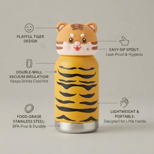 Image of JOUET Kids Stainless Steel Water Bottle 280ml with Tiger Print Design, Yellow Leakproof Drinking Bottle for School, Travel & Daily Use