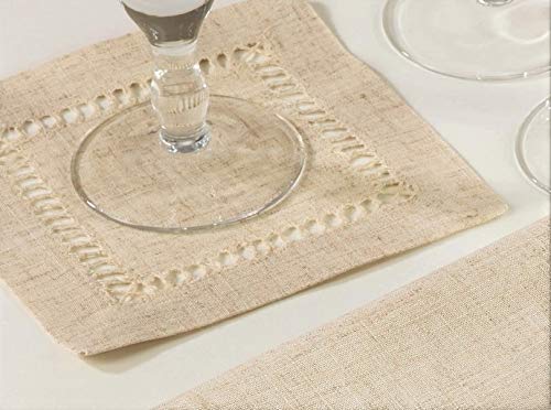 Fennco Styles Toscana Contemporary Hemstitched Linen Blend 6 x 6 Inch Coasters for Dinner Table, Picnic Table, Parties, Wedding Decorations, Natural, Set of 4