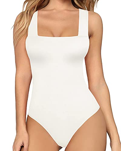 MANGOPOP Women's Square Neck Sleeveless Tank Top Long Sleeve Bodysuits Jumpsuits (A Sleeveless White, Large)