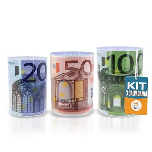 Akitaink - Salvadanaio non apribile, Set 3 Salvadanai Euro in Metallo 3 PZ - Soldi Carta Moneta - Piccolo, Medio, Grande, Design Vintage