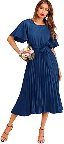 milumia women's elegant belted pleated flounce sleeve long dress Milumiawomens Elegant Belted Pleated Flounce Sleeve Long Dress