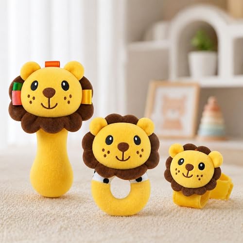 Image of Toyshine Pack of 3 Cute Animal Face Baby Hand Rattles Safe Lightweight and Easy to Hold Soft Stuffed Handy Rattles for Babies Infant Toddlers 6-12 Months - Loin