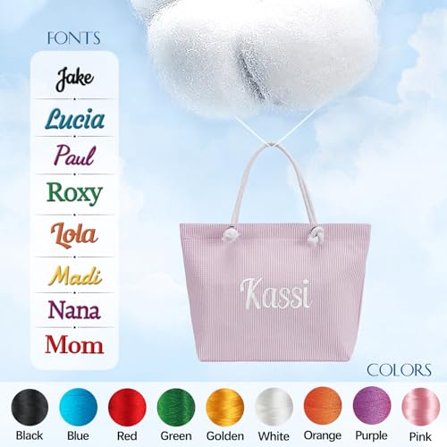 Ulico Personalzied Beach Tote Bag with Embroidered Name，Seersucker Cute Custom Reusable Grocery Shoulder Bag for Women2