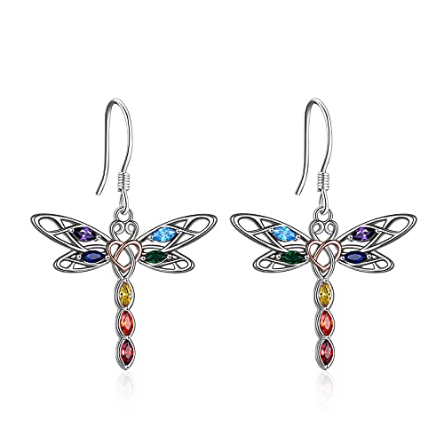 POPLYKE Dragonfly Earrings 925 Sterling Silver Celtic Knot Dragonfly Earrings 7 Chakras Jewelry Gifts for Women