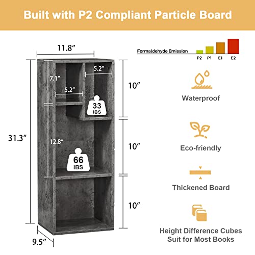 Vecelo 3-Tier Small Bookcase, 4 Cube Bookshelf With Height Difference Shelves For Most Books, Modern Floor Standing Unit, Each Shelf Hold Up To 66 Lbs For Living Room Bedroom, Grey #TOP2