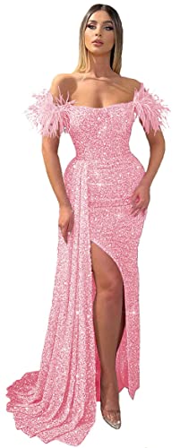Zhangyo Off Shoulder Formal Dresses for Women Mermaid Sparkly Baby Pink Holiday Party Dresses Sparkly Sequins Feather Prom Dresses for Wedding 4