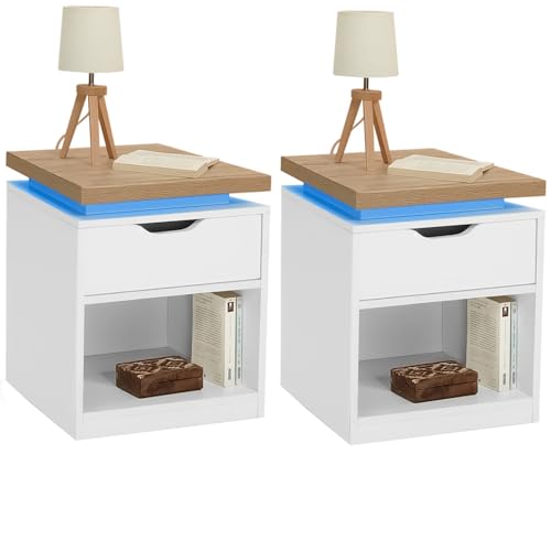 IDMarket - Lot de 2 Tables de Chevet Luna à LEDs 1 tiroir avec Niche Blanc et Plateau Effet Bois
