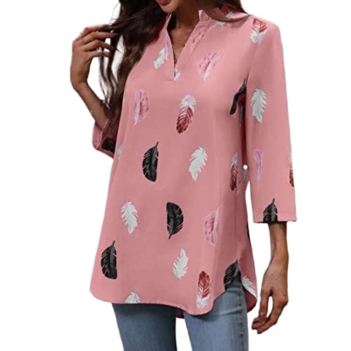 Angxiwan Today 2024 Ladies Plus Size T Shirts Women's V Neck Feather Print 3/4 Sleeve Loose Shirt Summer Ladies Cotton Summer Christmas Deals 2024 Red