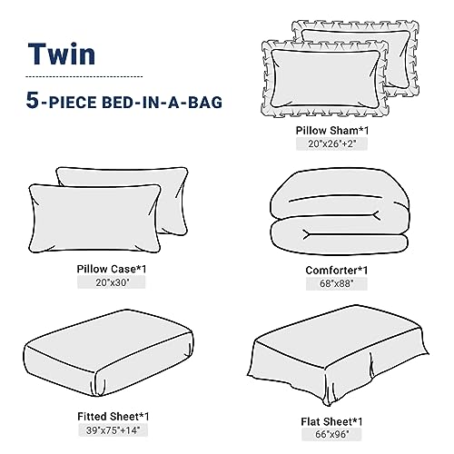JOLLYVOGUE Navy Blue Twin Size Comforter Sets 5 Pieces, Pintuck Bed in a Bag Comforter Set for Bedroom, Bedding Comforter Sets with Comforter, Sheets,Ruffled Shams & Pillowcases