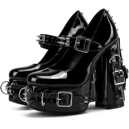 Emo Wedding Shoes Mary Janes Chunky Block Heels Y2K Retro Rave Grunge Doll Shoes for Women Preppy Teen Girls Rococo Lolita Goth Non Slip Kawaii Cute Comfortable Walking Birthday Gifts Back to School