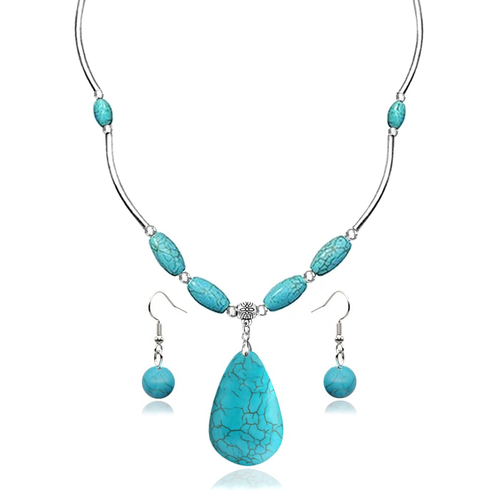 Bluegoog Boho Turquoise Long Beaded Necklace For Women Vintage Ethnic Alloy Pendant Jewelry