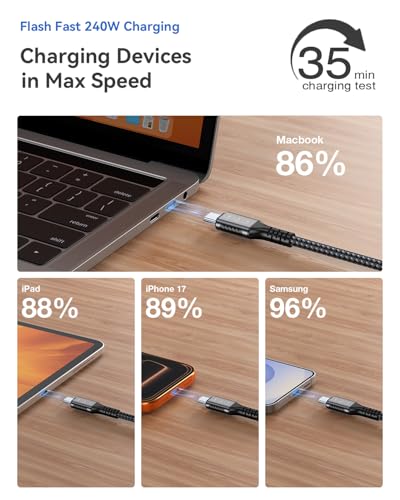 Image of USB C to USB C Cable 20Ft, 20Gbps Data Transfer, 240W PD Fast Charging, 4K@60Hz Video Support, Durable Braided Nylon, Type C Compatible for iPhone 17, MacBook Pro Air, Portable Monitor