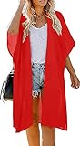 Women's Solid Puff Sleeve Kimono Long Cardigan Loose Cover Up Casual Blouse Top Chiffon - Red
