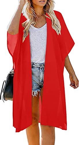 Image of Indian Trendy Women's Solid Puff Sleeve Kimono Long Cardigan Loose Cover Up Casual Blouse Top Chiffon