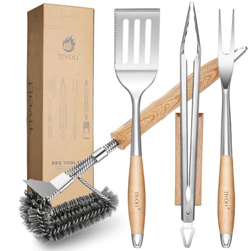TIVOLI 4PCS Grilling Accessories, Heavy Duty BBQ Tool Set with Stainless Steel Spatula, Tongs, Fork, Cleaning Brush, Wood Handles Barbecue Utensils Kit for Outdoor, Perfect Grill Gifts for Dad Men