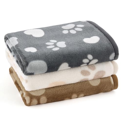 Bedsure Dog Blanket 3 Pack Fleece Puppy Blankets Soft Fluffy Washable Cat Blankets Portable for Indoor Outdoor Sofa Bed Furniture Light Brown/Grey/Cream XS (58x41cm)