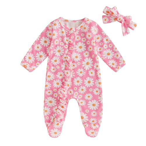 Image of Lucikamy Newborn Outfits Baby Girl Floral Print Ruffle Romper Jumpsuit Long Sleeve Zipper Bodysuit Fall Winter Clothes