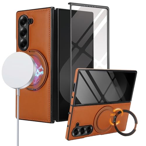 Étui Samsung Galaxy Z Fold 7 avec support et rabat magnétique, coque cuir marron