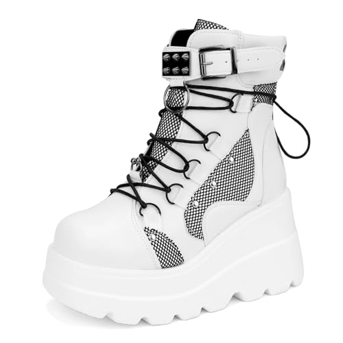ZKXYFFS Womens Platform Chunky Ankle Boots Round Toe Buckle Zipper Thick Sole Punk Goth Booties Wedges Boots for Women