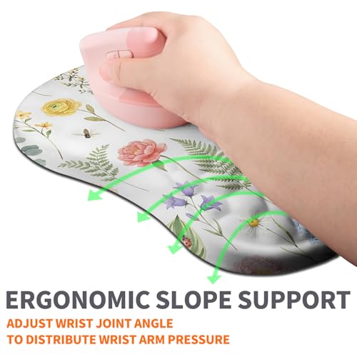 Image of Ergonomic Joint Wrist Support Mouse Pad with Memory Foam Cushion Massage Bump, Carpal Tunnel Pain Relief Mousepad Slope Design for Wrist Rest, 11.8x7.9 in, Bee Butterfly Flower