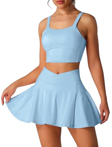2 Piece Tennis Dress for Women High Waisted Pleated Skirt Sets Compression Sports Bra Golf Athletic Outfits