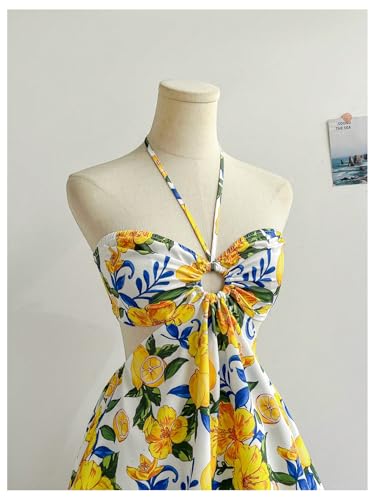 Image of Floerns Women's Floral Halter Neck Vacation Dress Sleeveless Cut Out Boho Cami Dress