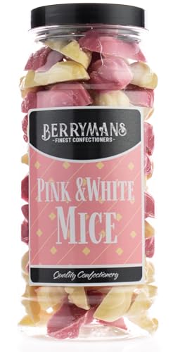 Original Pink and White Mice Strawberry & Cream Retro Sweets Gift Jar by Berrymans Sweet Shop - Classic Sweets Traditional Taste.