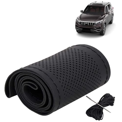Image of KINGSWAY PU Leatherite Car Steering Cover Sewable Compatible with Mahindra Alturas G4 (Year 2018 Onwards), Black Color with Black Thread, Pack of 1 with Sewing Needle and Thread