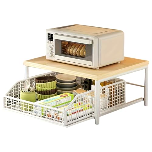 Hipzeepo Système de Rangement pour Plan de Travail de Cuisine Gain de Place avec Tiroir et Paniers en Fil Métallique - Étagères en Bois Dur Robustes pour...