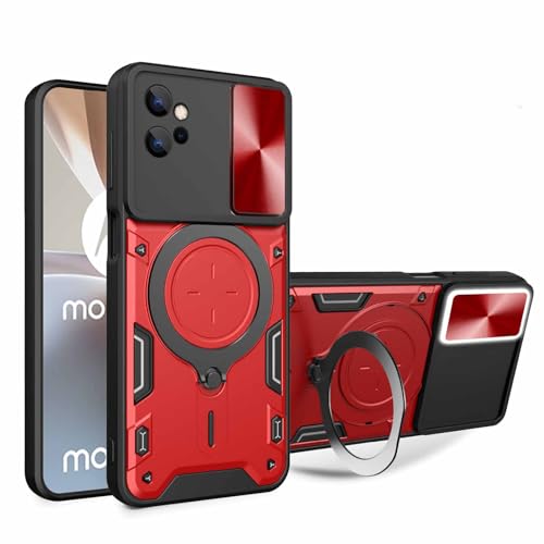 HAOYE Funda para Motorola Moto G32, Shockproof Carcasa con Porta Anillos Invisible y Cubierta Deslizante de la Cámara, PC y TPU Cover Case, Rojo