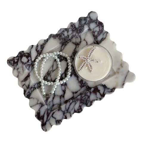 SAIDKOCC Natural Rectangle Travertine Tray, Scalloped Edge Marble Tray, Handmade Decorative Tray, Nightstand and Desk Wave Tray (Calacatta Purple) Cover