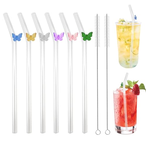 6 Pcs Pajitas Cristal Mariposa, Pajitas curvadas de cristal reutilizables con Cepillos de Limpieza Pajitas de vidrio Colores con Decoracion para Cócteles, Leche, Helada, Batidos (6 Colores)