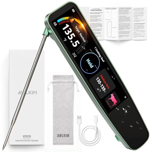 AWLKIM 0.5s Instant Read Smart Meat Thermometer Digital, 3.8″ HD Touchscreen with Temp-OS, Professional Kitchen Food Thermometer for Cooking, Grill, BBQ | ±0.5°F, −58–572°F, IP68, USB-C Rechargeable