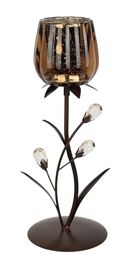 Kerzenhalter aus Metall mit Glas-Schale Teelichthalter Kerzenständer Kerzenleuchter modern Blumen Design Braun Gold Wohnzimmer Deko Tischdeko Geschenkidee Stimmungslicht romantische Deko Valentinstag