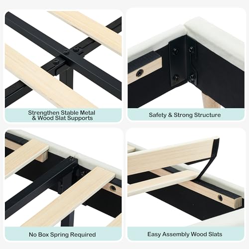 GarveeHome Twin Bed Frame with Storage Headboard, Velvet Upholstered Platform Bedframe for Kids, Girl Bed, Strong Wooden Slats, Noise-Free, Easy Assembly, No Box Spring Needed, Beige