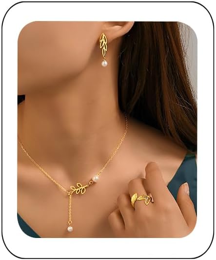 YAZILIND Jewelry Set for Women,Dainty 18K Gold/Silver Plated Pearl Necklace and Earring Set Gold/Silver Drop Earrings Ring Pearl Choker Necklace Wedding Jewelry