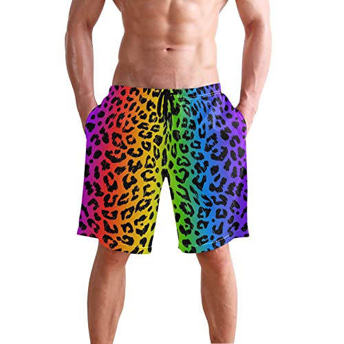 Leopard Rainbow Skin Pattern Men's Swim Trunks Beach Shorts Quick Dry Swim Board shorts With Pockets L2