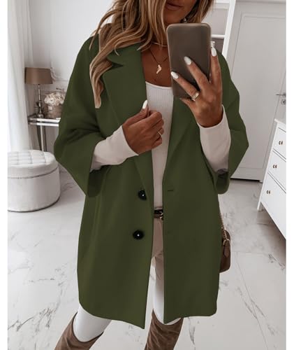 ECDAHICC Womens Fall Winter Wool Blend Pea Coat 3/4 Sleeve Notched Lapel Colla Single-Breasted Midi Outerwear3