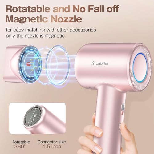 Image of Labiim Hair Dryer, High-Speed Ionic Blow Dryer 110,000 RPM Brushless Motor for Fast Drying, 200M Ions Frizz & Thermo-Control HairDryer with Magnetic Nozzle, Quiet Compact for Home Travel, Pink