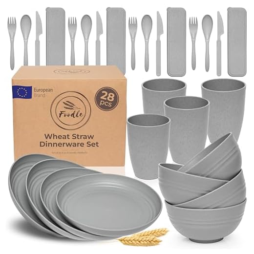 FOODLE Wheat Straw Dinnerware Sets for 4 - Lightweight & Unbreakable Dishes - Microwave & Dishwasher Safe - Perfect for Camping, Picnic, RV, Dorm - Plates, Cups and Bowls - Great for Kids & Adults