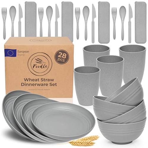 FOODLE Wheat Straw Dinnerware Set - BPA Free & Safety Tested - Microwave & Dishwasher Safe - Perfect for Picnic, Dorm, RV Dishes - Camping Plates Cups and Bowls Set - Great for Kids & Adults - For 4