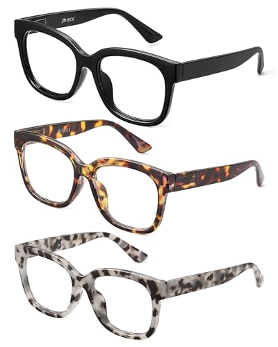JM Pack 3 Gafas de Lectura Cuadrados de Gran Tamaño, gafas presbicia mujer con Bloqueo a Luz Azul +1.5 Negro & Tortuga & Gris