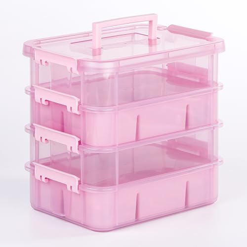 CraftGenes Art Supply Storage Organizer with 2 Removable Trays, 4-Layer 10QT Durable Craft Organizers and Storage for Sewing, Tool, Office Supplies, Art, Craft Supplies(Pink)