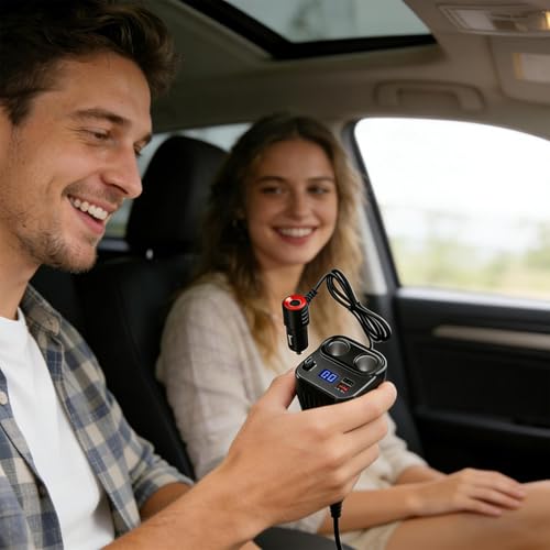 Cargador rápido de coche de 2 puertos y 60W con cable retráctil antideslizante para móvil 2