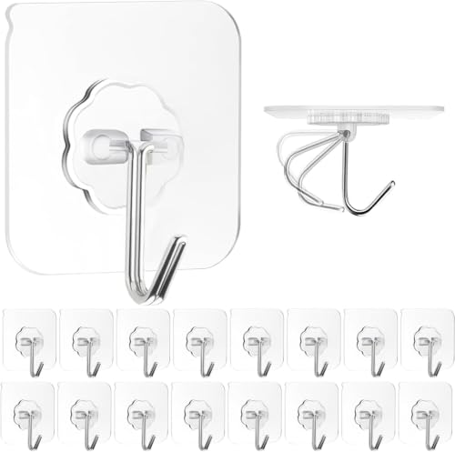 Image of Self Adhesive Wall Hooks - 20 Pcs Heavy Duty Wall Hooks for Hanging | Nail Free Sticky Hooks for Wall Heavy Items Without Drilling, Transparent Wall Hanger Hook (Flower Hook, 20)