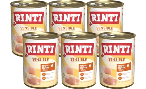 Rinti Sensible Huhn + Reis 6 x 400g | Hypoallergenes Nassfutter für Hunde | Glutenfrei & ohne Soja | Nur 1 Proteinquelle | Für empfindliche Hunde & Allergiker | Alleinfuttermittel