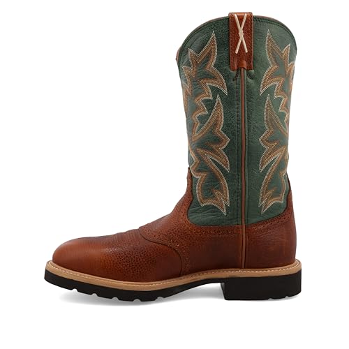 Twisted X Men's 12" Western Work Boot, Round Toe Steel Toe, Cognac Glazed Pebble & Dark Green, 11 D2